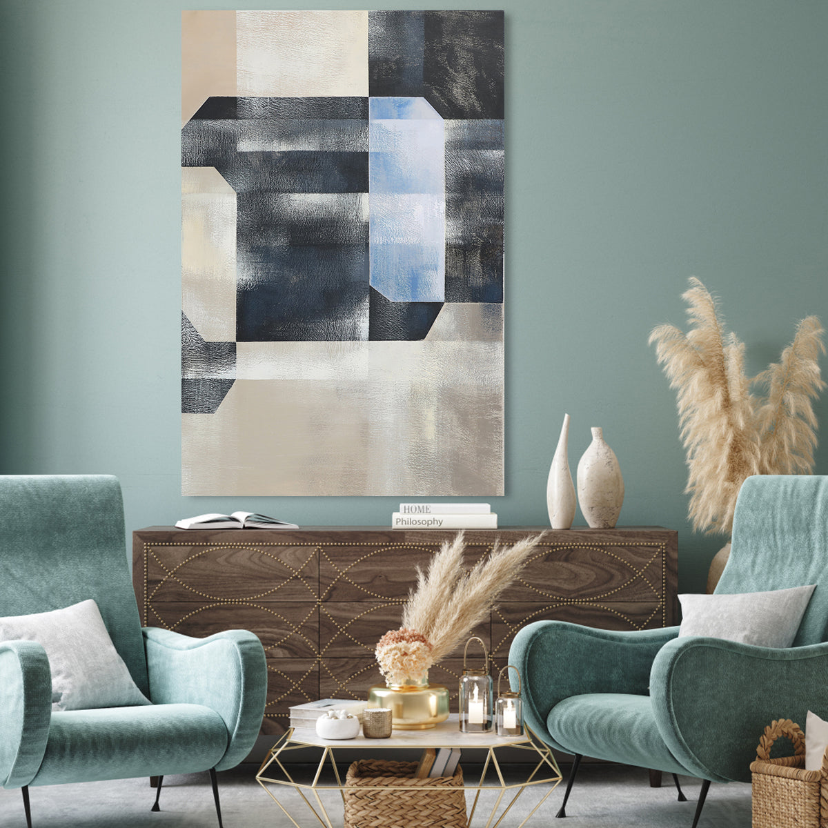 Abstract Blue Geometric Oil Painting for Modern Home Décor and Art Enthusiasts