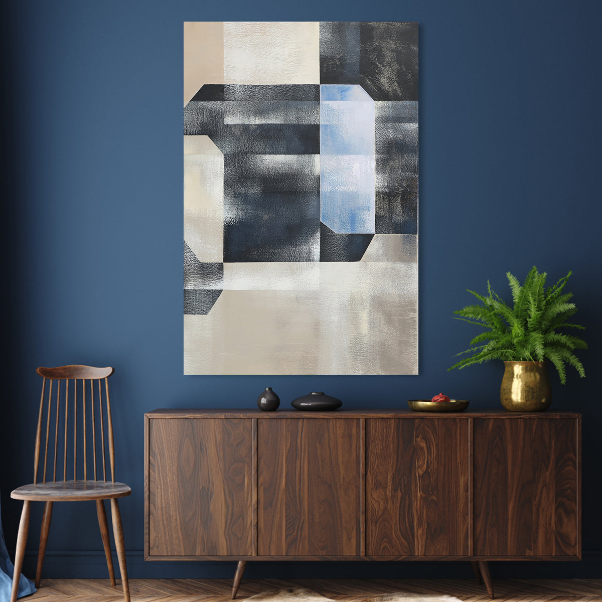 Abstract Blue Geometric Oil Painting for Modern Home Décor and Art Enthusiasts