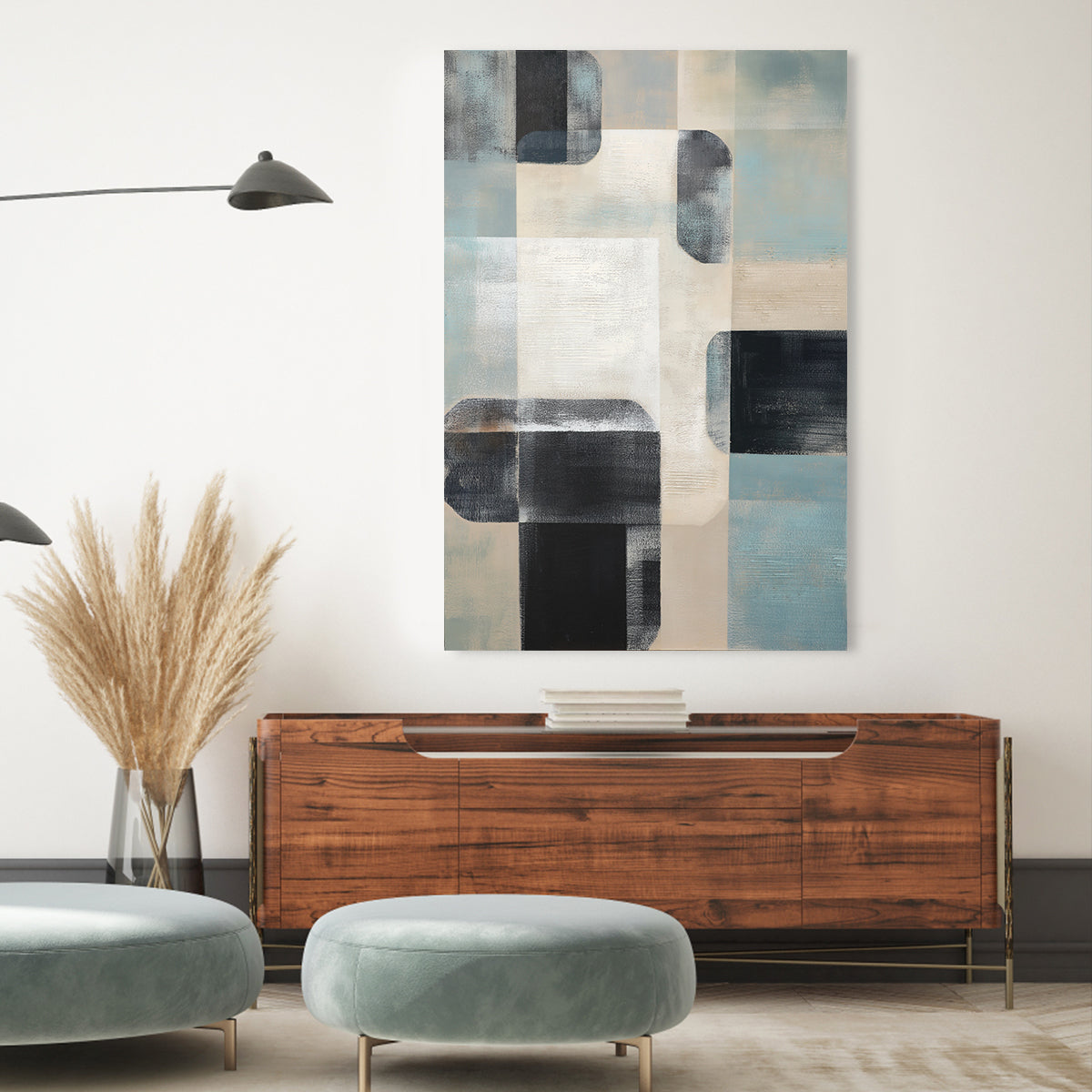 Serene Geometric Abstract Oil Painting for Modern Home Decor