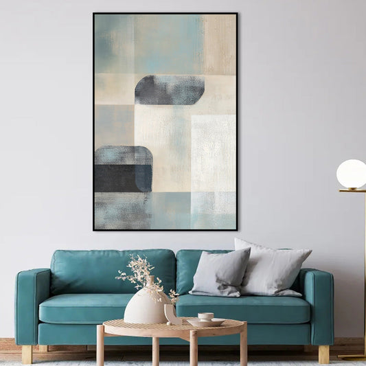 Serene Abstract Oil Painting with Geometric Shapes in Soft Blue and Neutral Tones