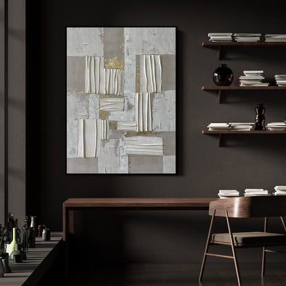 Contemporary Abstract Oil Painting with Gold Accents and Textured Elements