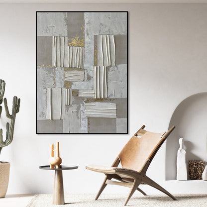 Contemporary Abstract Oil Painting with Gold Accents and Textured Elements
