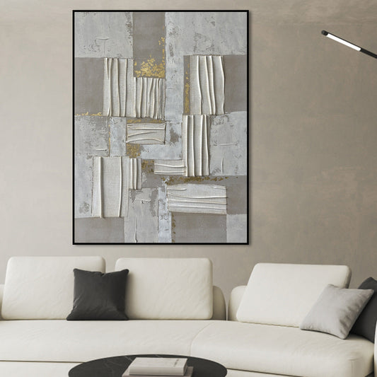 Contemporary Abstract Oil Painting with Gold Accents and Textured Elements