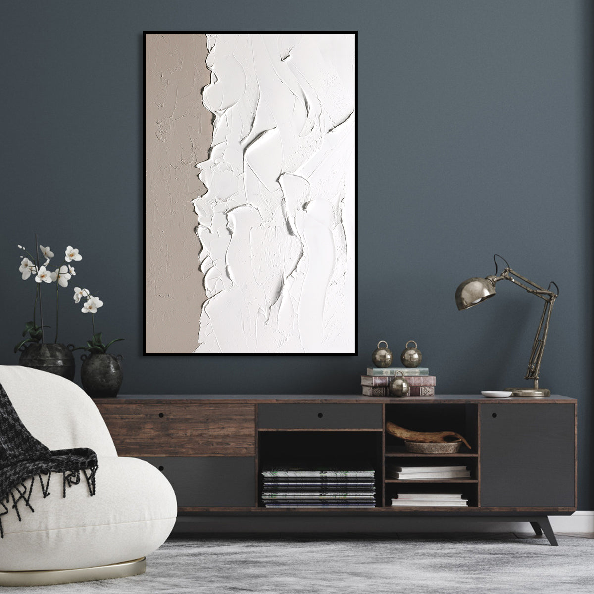 Textured Serenity: Abstract White Oil Painting for Modern Home Decor