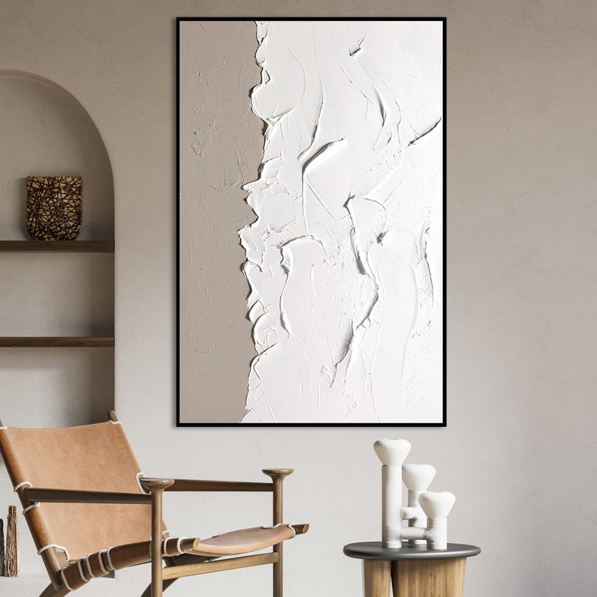 Textured Serenity: Abstract White Oil Painting for Modern Home Decor