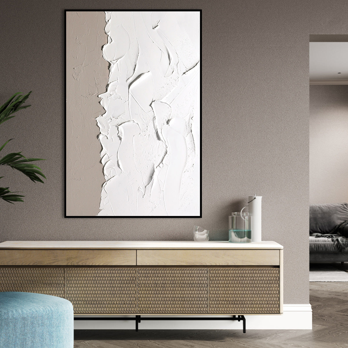 Textured Serenity: Abstract White Oil Painting for Modern Home Decor