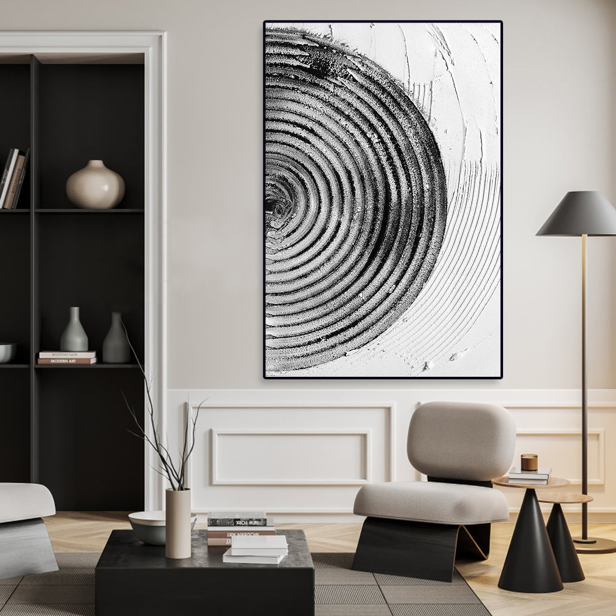 Monochrome Spiral Art: Elegant Black and White Oil Painting for Modern Decor