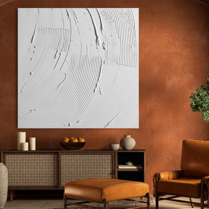 Serene White Waves: Modern Minimalist Oil Painting with Textured Design