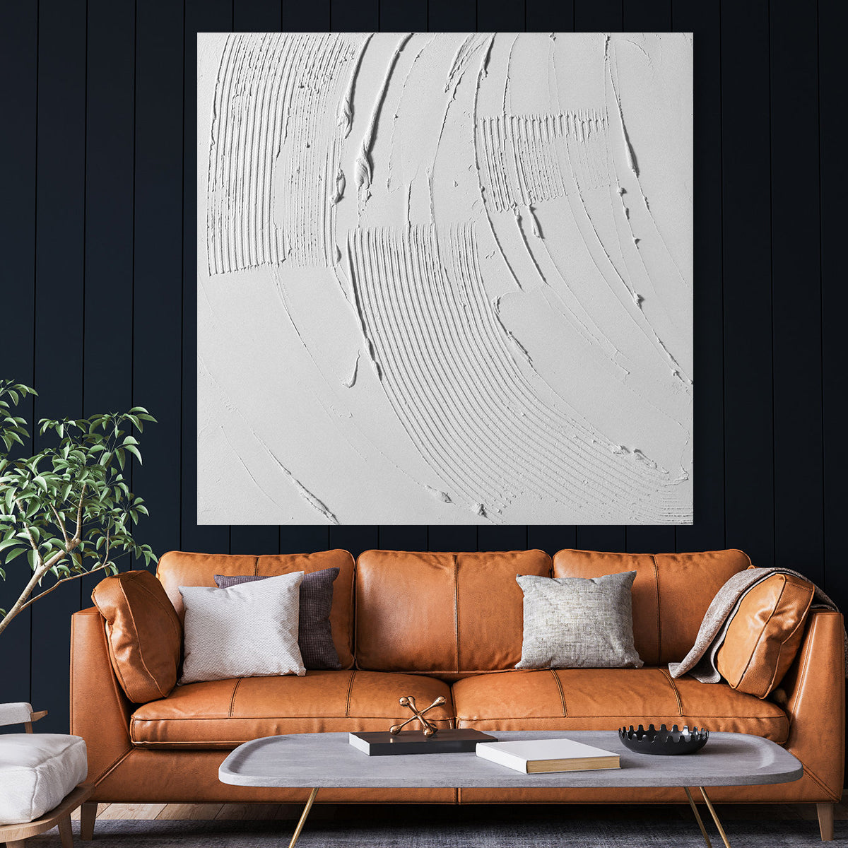 Serene White Waves: Modern Minimalist Oil Painting with Textured Design