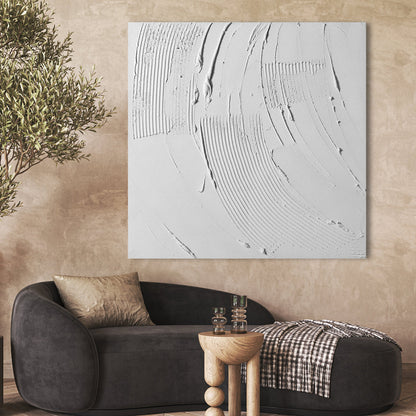 Serene White Waves: Modern Minimalist Oil Painting with Textured Design