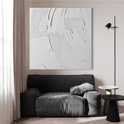 Serene White Waves: Modern Minimalist Oil Painting with Textured Design