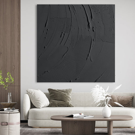 Obsidian Waves: Contemporary Black Oil Painting for Modern Home Decor