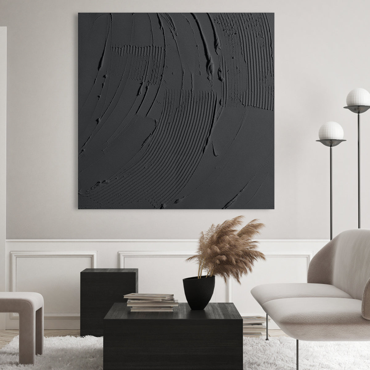 Obsidian Waves: Contemporary Black Oil Painting for Modern Home Decor