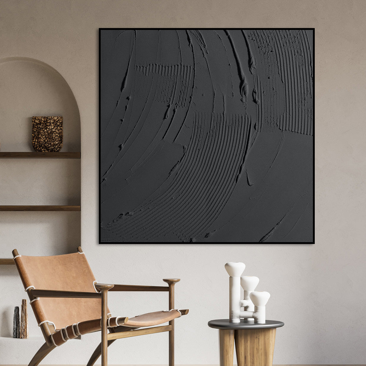 Obsidian Waves: Contemporary Black Oil Painting for Modern Home Decor