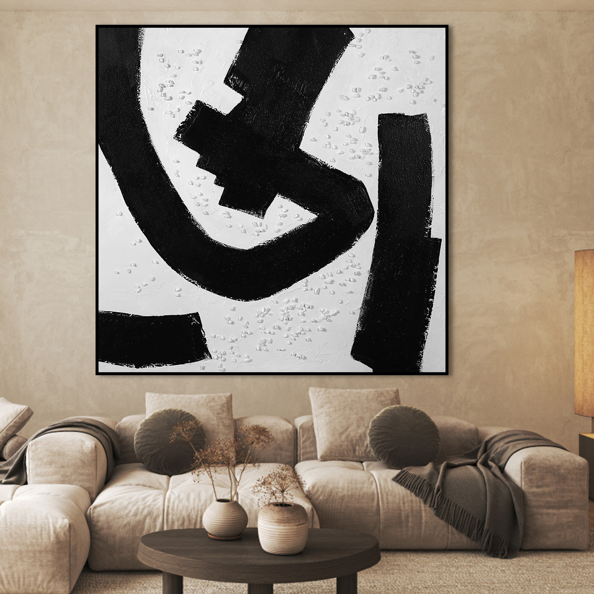 Abstract Black and White Oil Painting - Modern Monochrome Canvas Art for Elegant Spaces