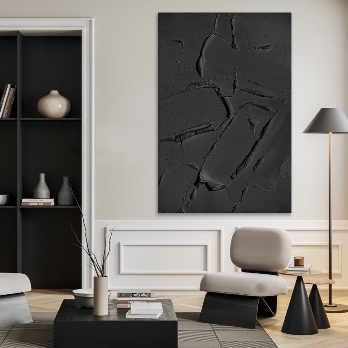 Elegant Black Texture: Modern Minimalist Oil Painting for Contemporary Decor