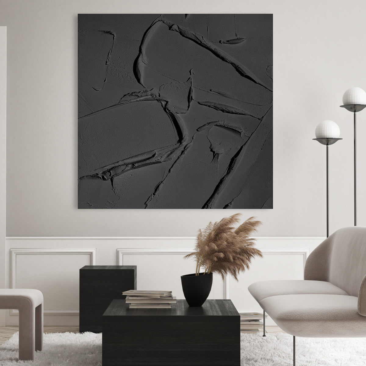 Elegant Black Texture: Modern Minimalist Oil Painting for Contemporary Decor