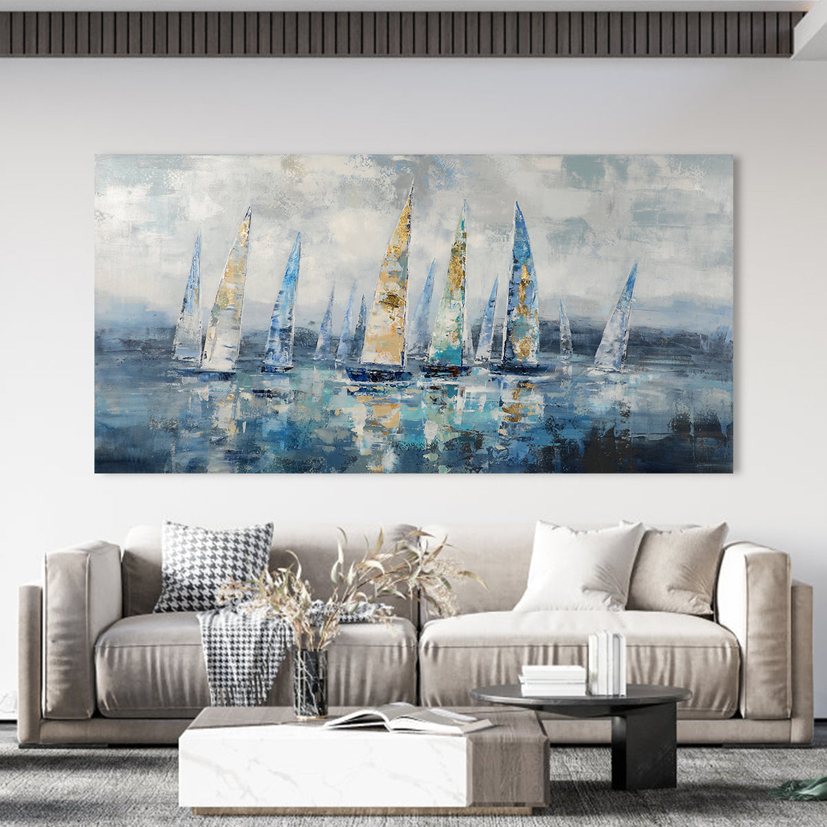 Tranquil Sailing Scene: Beautiful Oil Painting of Colorful Yachts on Calm Waters