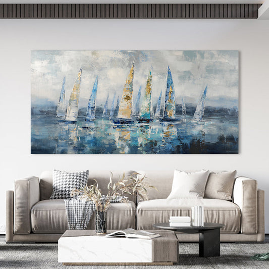 Tranquil Sailing Scene: Beautiful Oil Painting of Colorful Yachts on Calm Waters