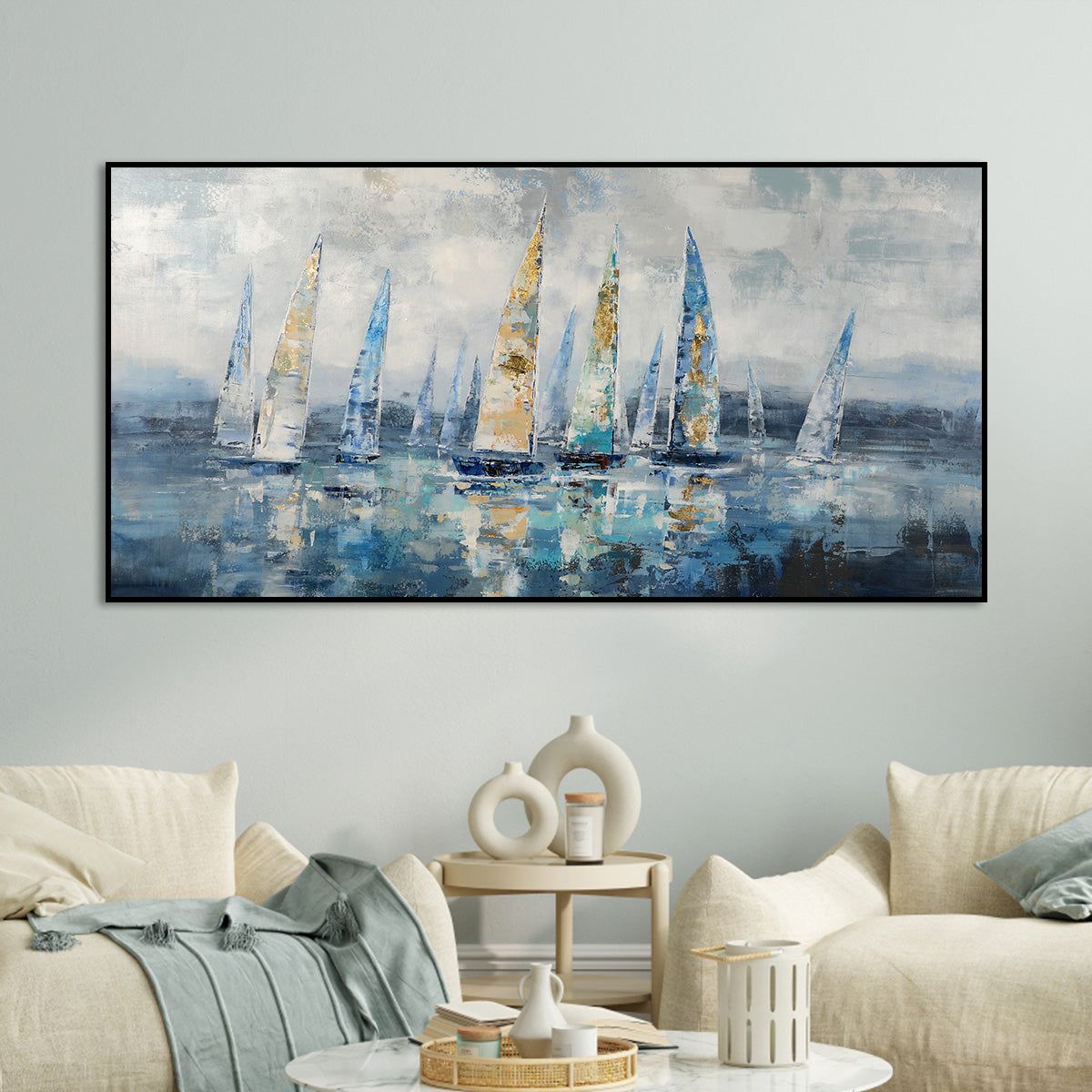 Tranquil Sailing Scene: Beautiful Oil Painting of Colorful Yachts on Calm Waters