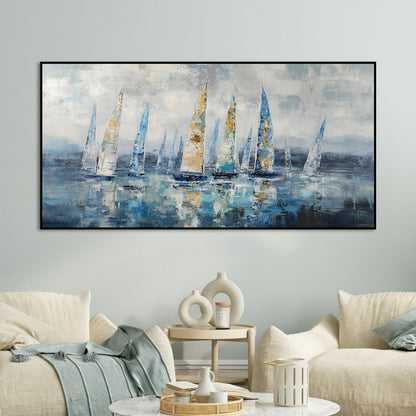 Tranquil Sailing Scene: Beautiful Oil Painting of Colorful Yachts on Calm Waters