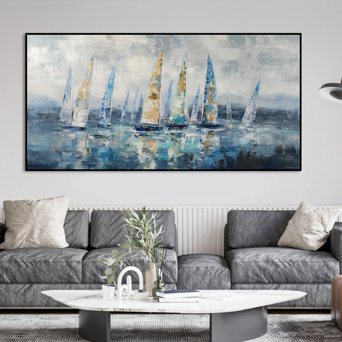 Tranquil Sailing Scene: Beautiful Oil Painting of Colorful Yachts on Calm Waters