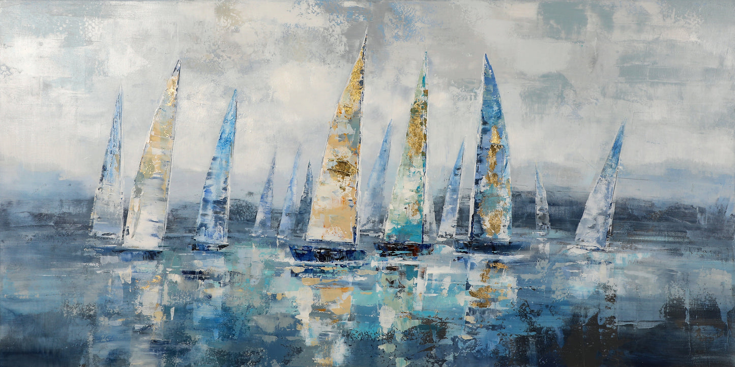 Tranquil Sailing Scene: Beautiful Oil Painting of Colorful Yachts on Calm Waters