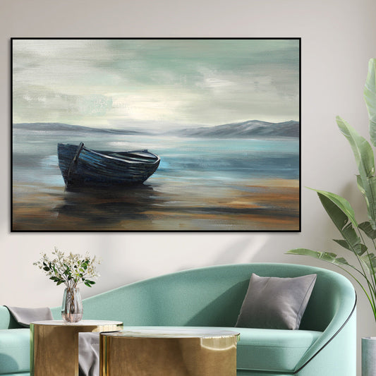 Serene Coastal Escape: Tranquil Blue Boat Oil Painting for Modern Decor