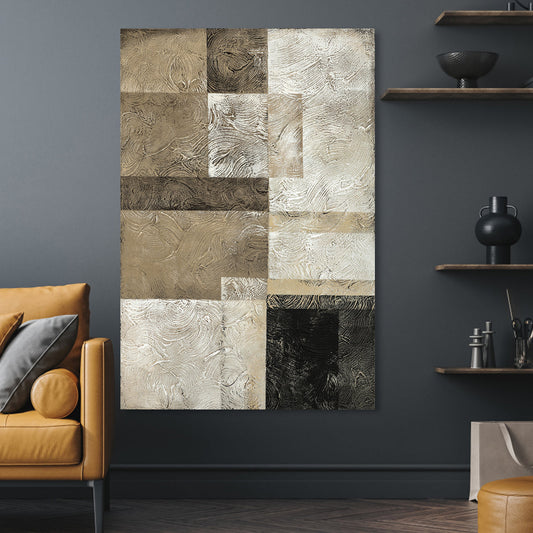 Modern Abstract Oil Painting in Earthy Tones with Textured Geometric Design