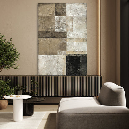 Modern Abstract Oil Painting in Earthy Tones with Textured Geometric Design