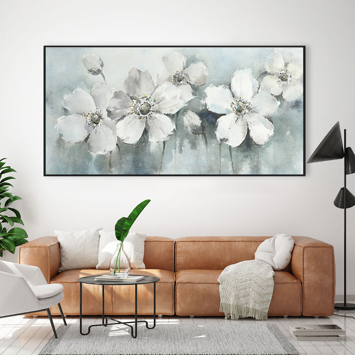 Elegant White Floral Oil Painting for Serenity and Home Decor