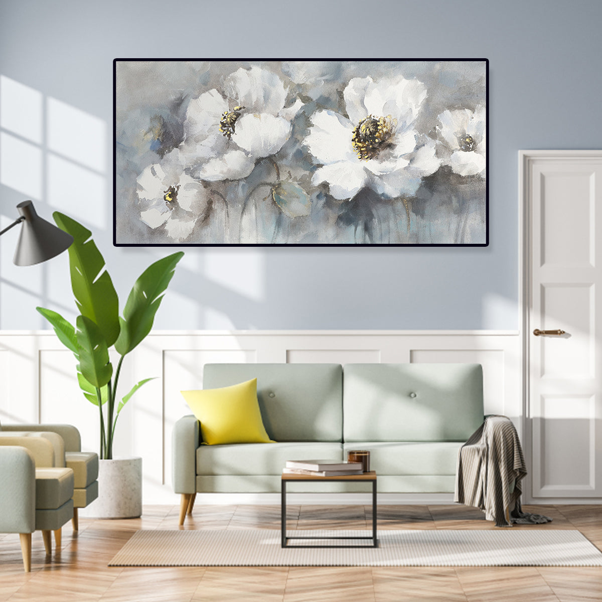 Blossoming White Flowers Oil Painting - Serene Spring Decor for Home and Office