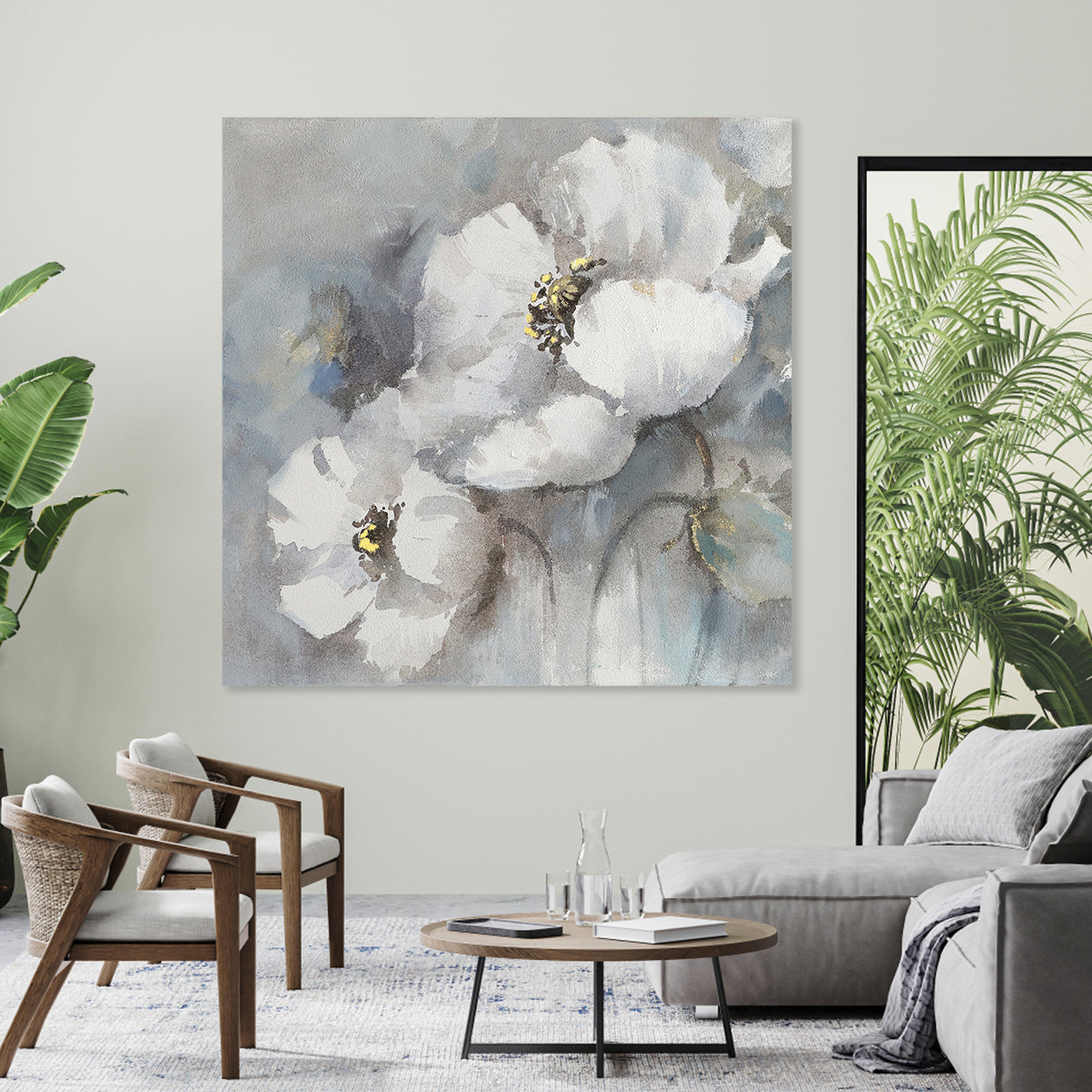 White Floral Harmony - Elegant Oil Painting for Home Decor