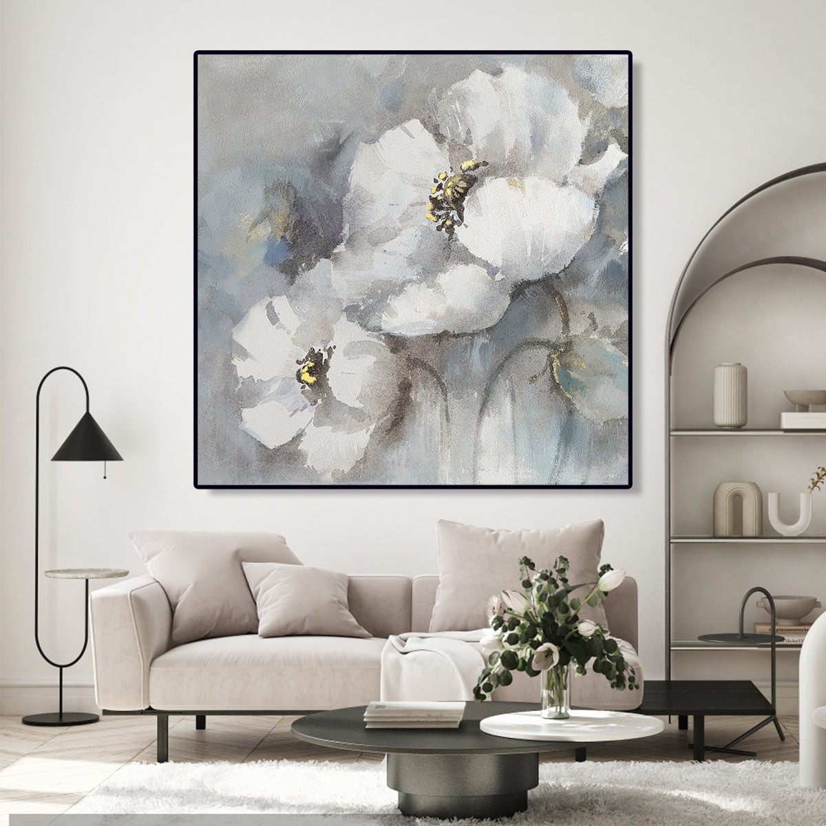 White Floral Harmony - Elegant Oil Painting for Home Decor