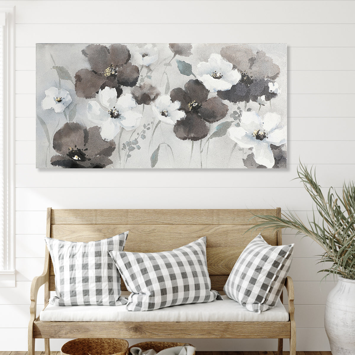 Serene Floral Harmony: Elegant Oil Painting of White and Dark Blossoms