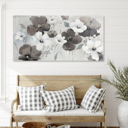 Serene Floral Harmony: Elegant Oil Painting of White and Dark Blossoms