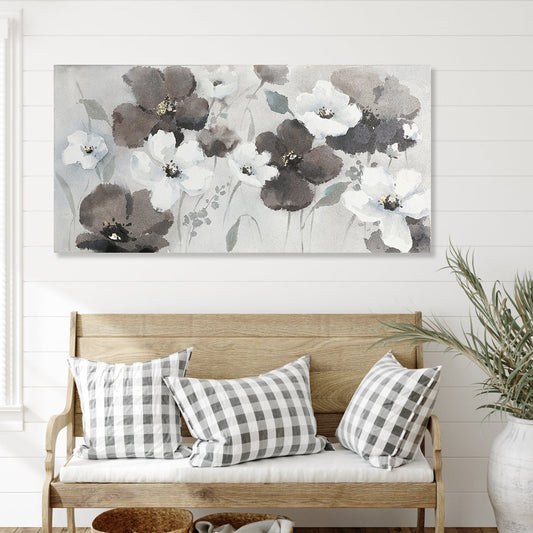 Serene Floral Harmony: Elegant Oil Painting of White and Dark Blossoms