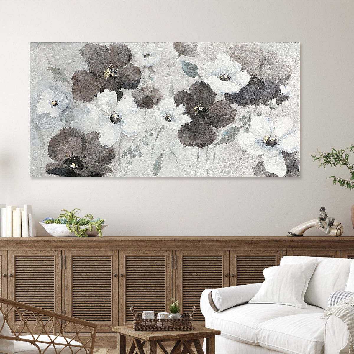 Serene Floral Harmony: Elegant Oil Painting of White and Dark Blossoms