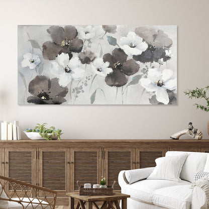 Serene Floral Harmony: Elegant Oil Painting of White and Dark Blossoms