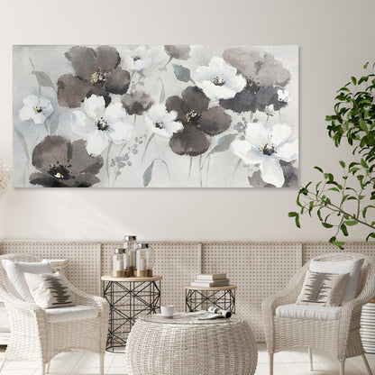 Serene Floral Harmony: Elegant Oil Painting of White and Dark Blossoms