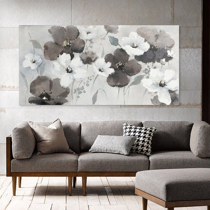 Serene Floral Harmony: Elegant Oil Painting of White and Dark Blossoms