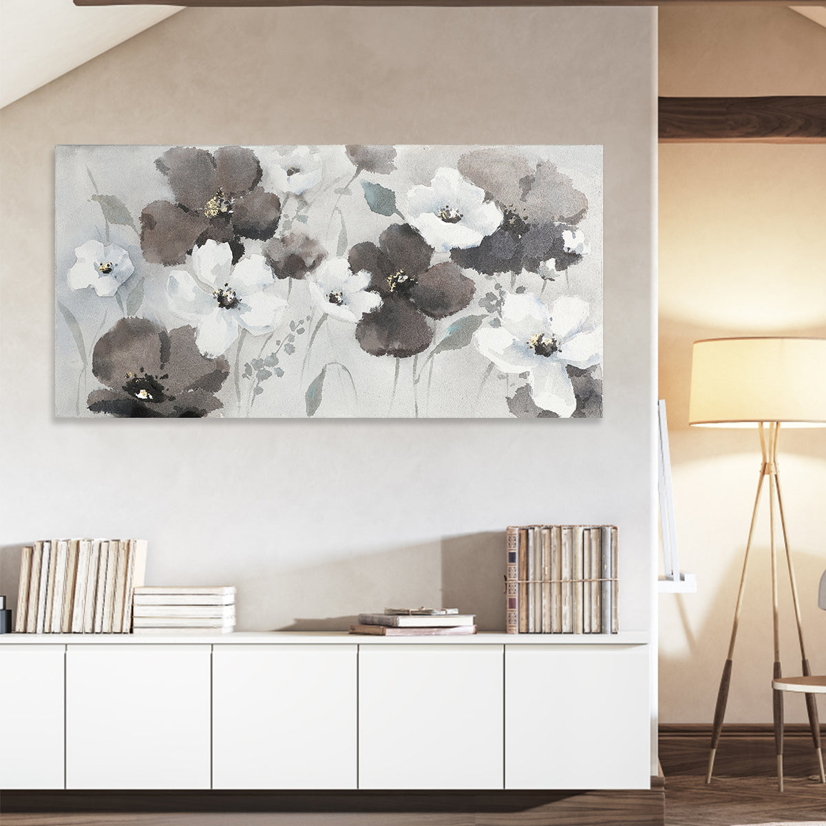 Serene Floral Harmony: Elegant Oil Painting of White and Dark Blossoms