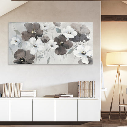 Serene Floral Harmony: Elegant Oil Painting of White and Dark Blossoms