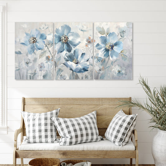 Serene Blue Floral Triptych Canvas Art for Tranquil Home Decor