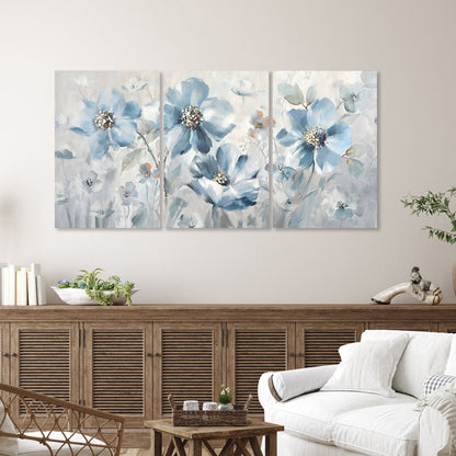 Serene Blue Floral Triptych Canvas Art for Tranquil Home Decor