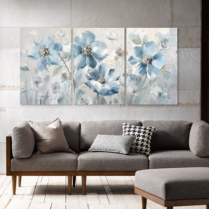 Serene Blue Floral Triptych Canvas Art for Tranquil Home Decor