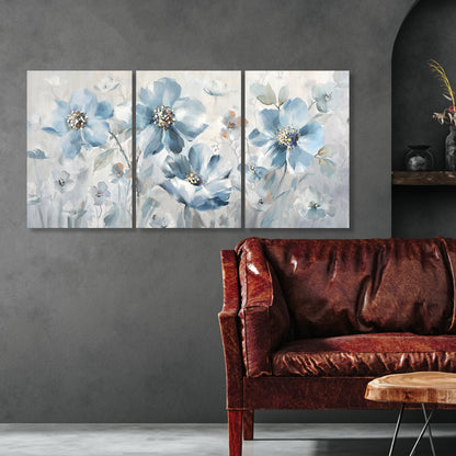 Serene Blue Floral Triptych Canvas Art for Tranquil Home Decor