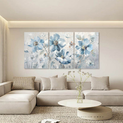 Serene Blue Floral Triptych Canvas Art for Tranquil Home Decor