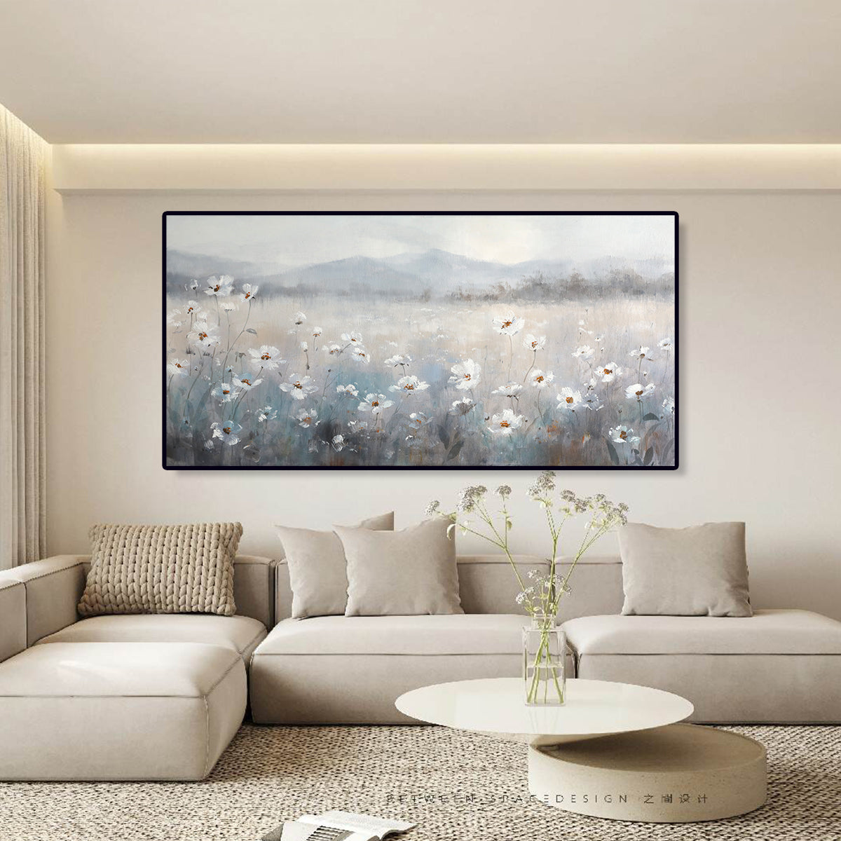 Serene Morning Mist Over Blooming Meadow Oil Painting