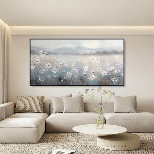 Serene Morning Mist Over Blooming Meadow Oil Painting
